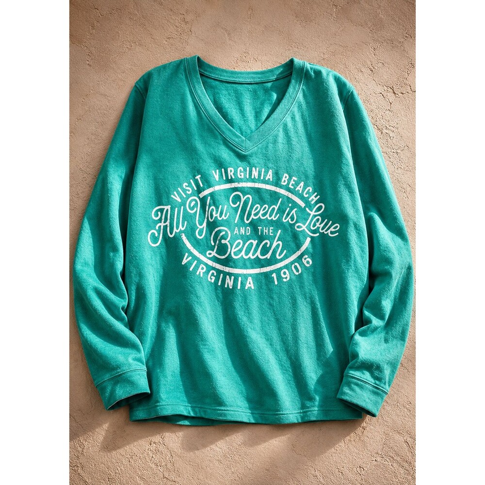 Virginia Beach Graphic Long Sleeve Shirt Womens XL Green Coastal Vacation Tee